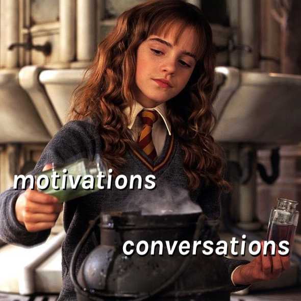 Hermione Granger concoctant une potion. Les mots « motivations » et « conversations » sont superposées aux fioles. Le chaudron est une métaphore de votre présentation. Image © 2001 Warner Bros. Ent
